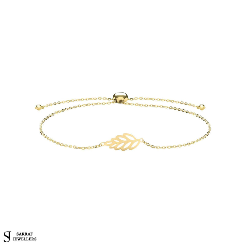 Gold Leaf Hand Bracelet, 9K Yellow Gold Leaf Pull Style Adjustable Bracelet, Ladies Bracelet Gifts for Her - Sarraf Jewellers