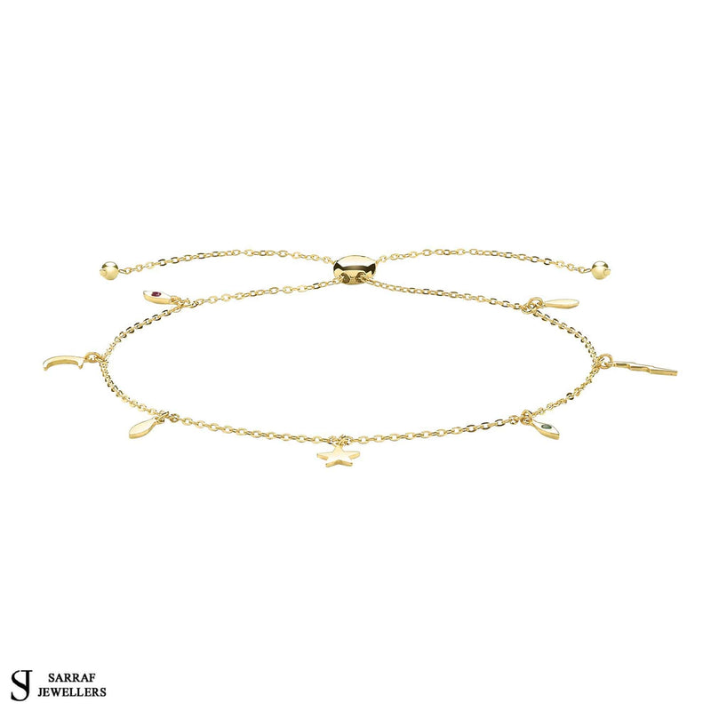Moon and Star Charm Bracelet, 9k Yellow Gold Bracelet with Charms, Moon, Star and Eye Charm Bracelet - Sarraf Jewellers