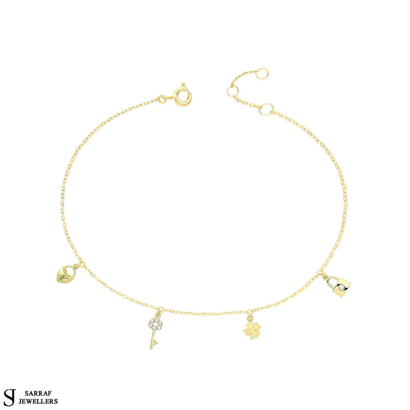 Gold CZ Lock Key Heart Charm Bracelet, 9k Yellow Gold Ladies Charm Bracelet, Cubic Zirconia Bracelet Gifts for her - Sarraf Jewellers