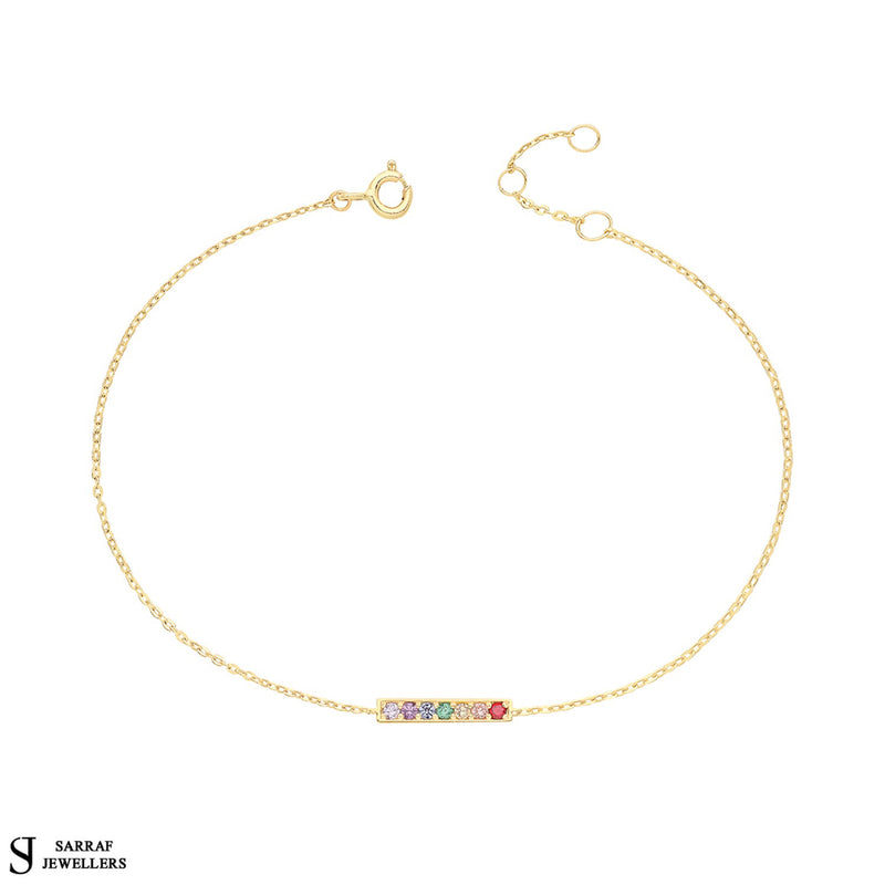 Ladies Rainbow Bar Chain Bracelet, 9k Yellow Gold Ladies' Multi-colour CZ Bracelet Ladies Gold Bracelet, Gifts for her - Sarraf Jewellers