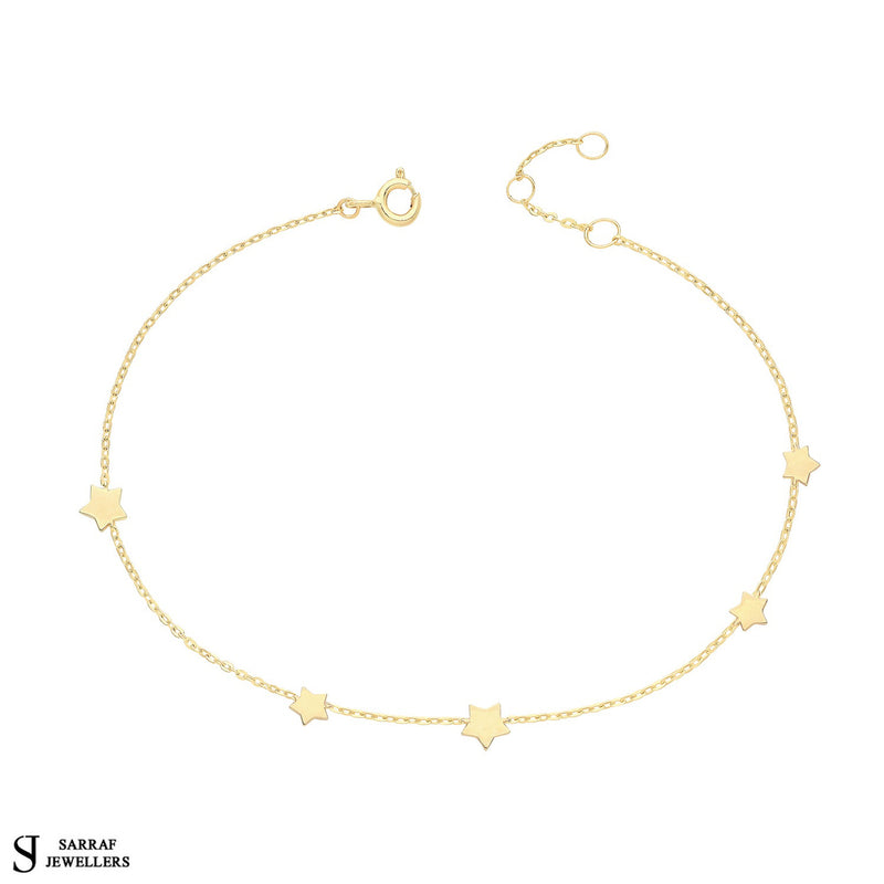 Ladies Star Charm Bracelet, 9k Yellow Gold Ladies Gold Bracelet, Star Bracelet, Gifts for her - Sarraf Jewellers