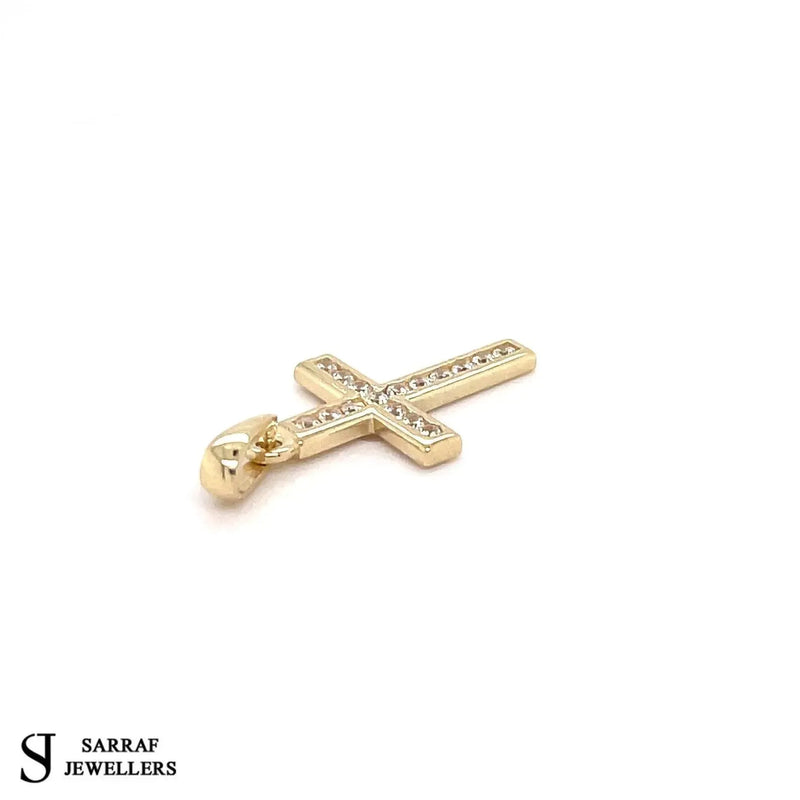 Gold Small CZ Cross Pendant 9k Yellow and White Gold, Cubic Zirconia Shiny Cross, Cross for Woman, Cross For Men - Sarraf Jewellers