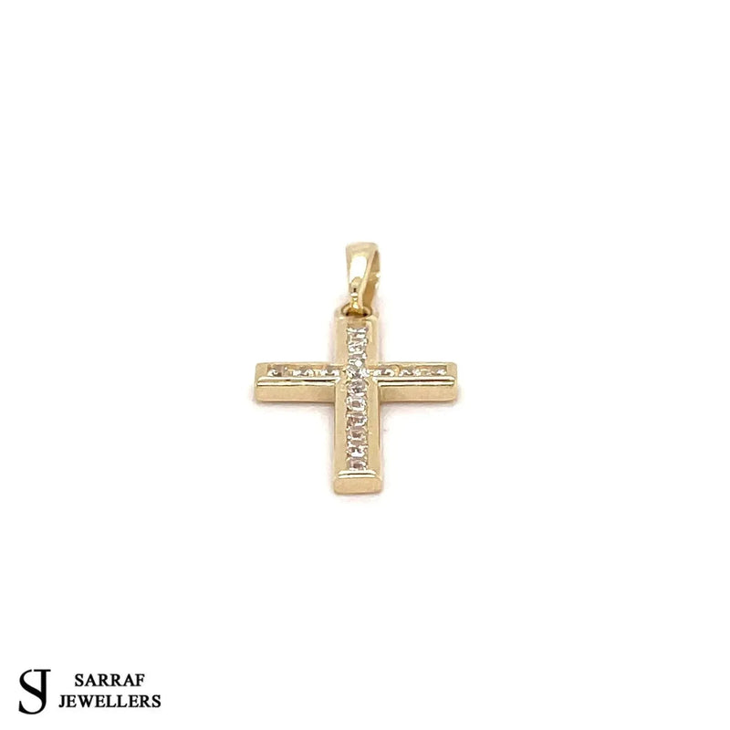Gold Small CZ Cross Pendant 9k Yellow and White Gold, Cubic Zirconia Shiny Cross, Cross for Woman, Cross For Men - Sarraf Jewellers