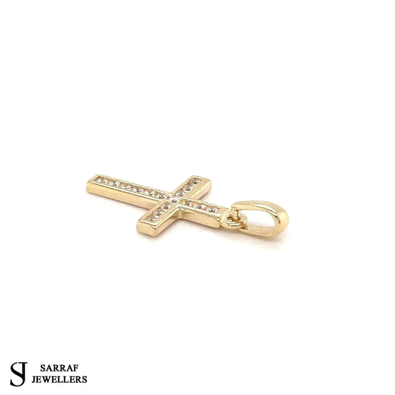 Gold Small CZ Cross Pendant 9k Yellow and White Gold, Cubic Zirconia Shiny Cross, Cross for Woman, Cross For Men - Sarraf Jewellers