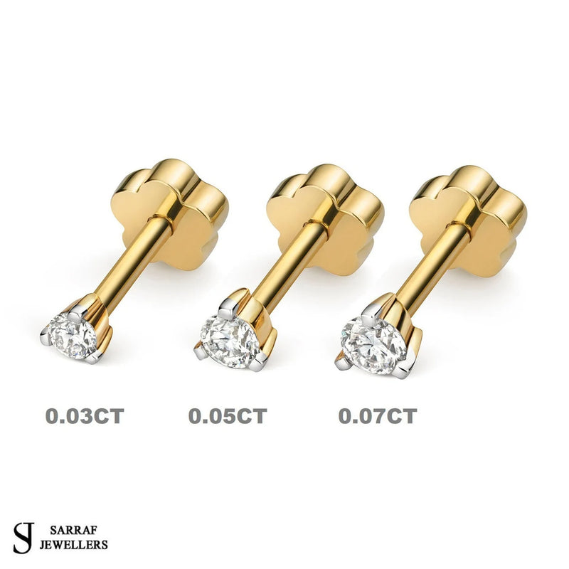 Gold Diamond Cartilage 3 Claw Stud earrings, 9k Yellow Gold Carat Earrings, Gift For Her - Sarraf Jewellers