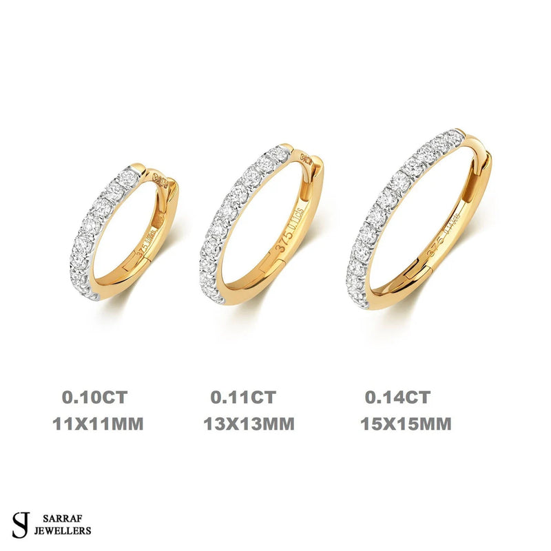 Diamond Cartilage Hoop, Diamond Huggie Hoop, 11-13-15mm Diamond Huggie Hoop Earring, 9k Gold Diamond Hoop - Sarraf Jewellers