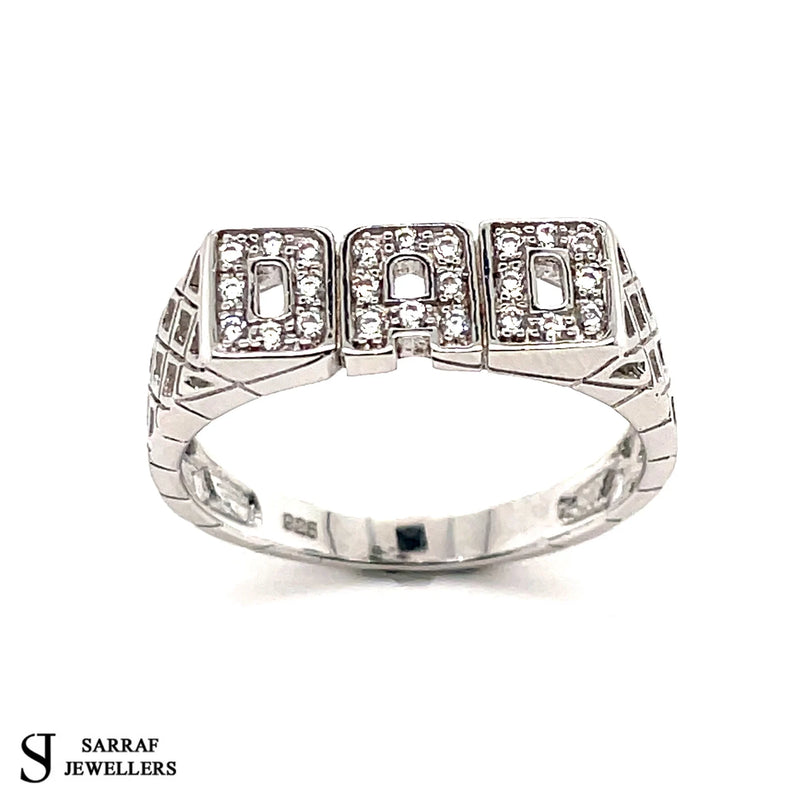 Dad Ring Sterling Silver Ring, Silver Ring, 925 Sterling Silver Clear Cubic Zirconia Gents Basket Shoulder - Sarraf Jewellers