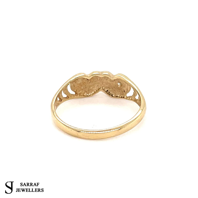 Double Heart Signet Ring, Gold Ring, 9ct Yellow Gold Ring, Double Heart Signet CZ Ring - Sarraf Jewellers