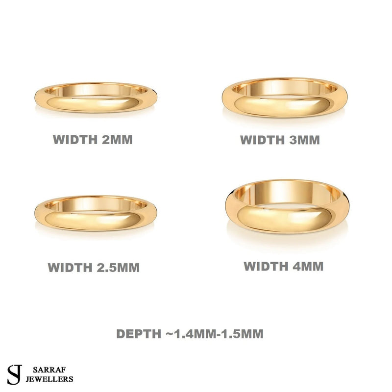 9ct Yellow Gold D Shape Wedding Ring 2mm to 7mm Width, Classic Wedding Band, UK Hallmark, For Men and Women - Sarraf Jewellers
