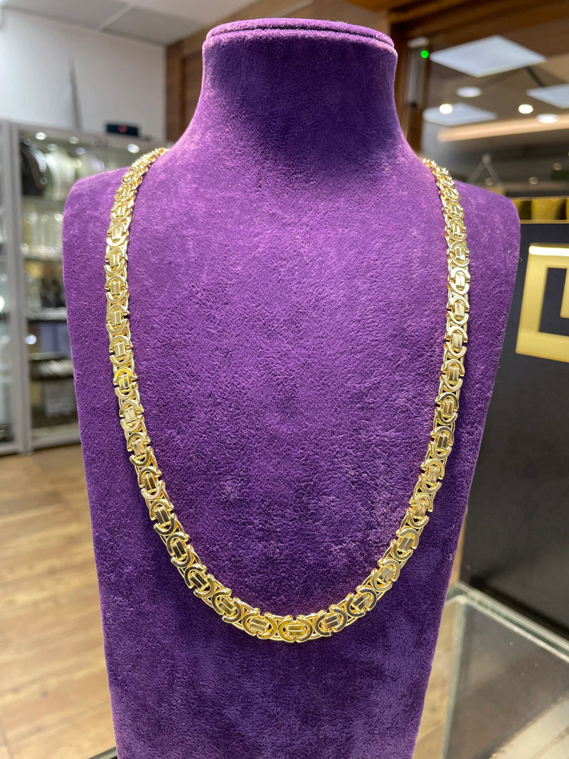 9ct Yellow Gold BYZANTINE CHAIN Necklace, King Chain 7mm Wide Flat Chain Men's Gold Chain 18" 20" 22" 24" Sizes - Sarraf Jewellers