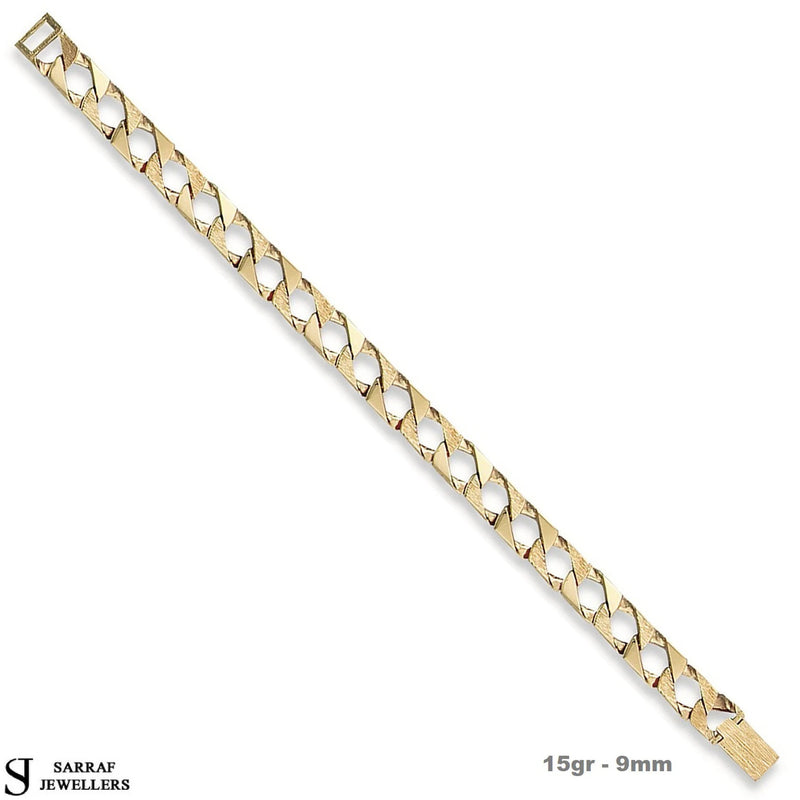 Curb Gold Bracelet For Men, 9ct Yellow Gold Plain & Bark Casted Curb Bracelet 8inch 15-31gr 9-10mm - Sarraf Jewellers