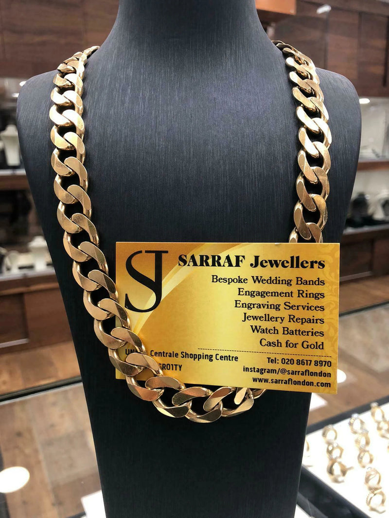 Curb Chain 9ct Yellow Genuine Gold 14mm Wide - Men's 20" 22” 24" 28" - Sarraf Jewellers