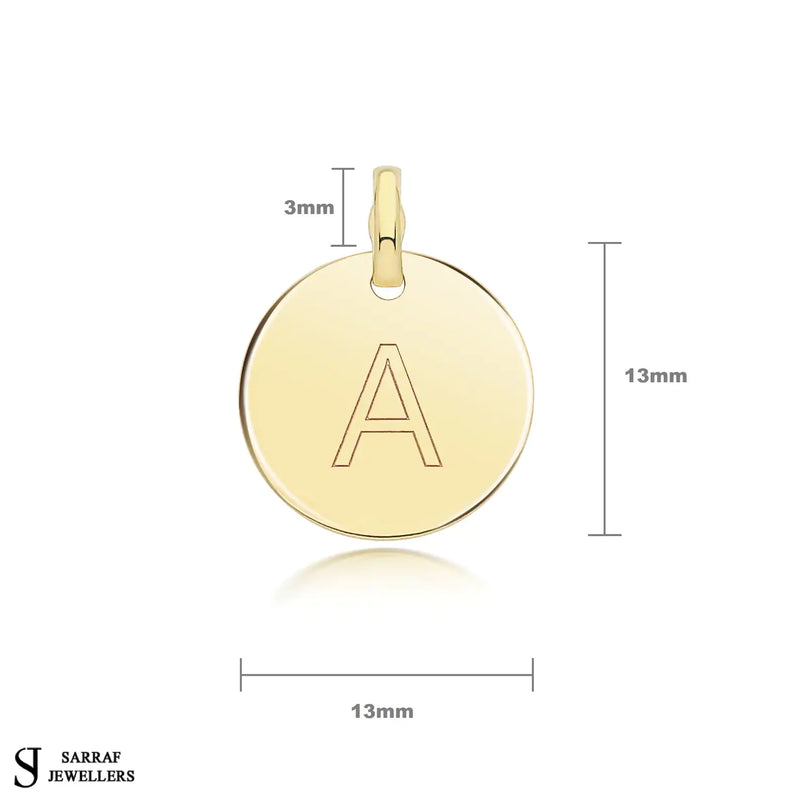 Round Plain Initial Letter Pendant, 9ct Solid Gold Pendant For Necklace, Inital Charm, A to Z, 375 Stamped, 9 Carat Gold Pendant - Sarraf Jewellers