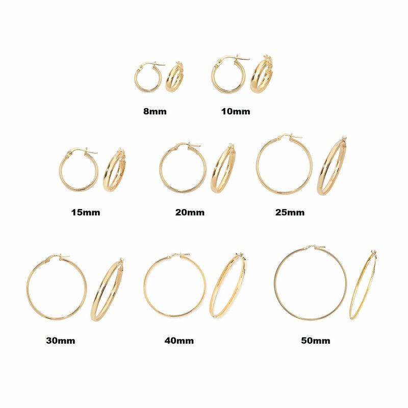 Gold Earring, 9ct Yellow Gold Plain Hoop Earrings, 8mm - 10mm - 15mm - 20mm - 25mm - 30mm - 40mm - 50mm - Sarraf Jewellers
