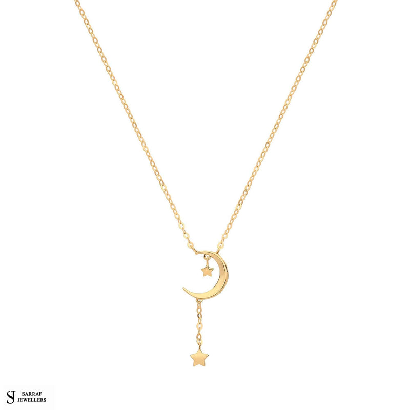 9ct Yellow Gold Moon with Drop Star Necklet, Y Necklace, Gold Chain Necklace for Ladies - Sarraf Jewellers