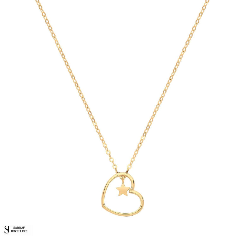 9ct Yellow Gold Heart With Star Charm Necklet, Gold Chain Necklace Heart Shaped for Ladies - Sarraf Jewellers