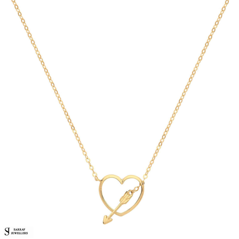 9ct Yellow Gold Heart With Arrow Charm Necklet, Gold Chain Necklace Heart Shaped for Ladies - Sarraf Jewellers