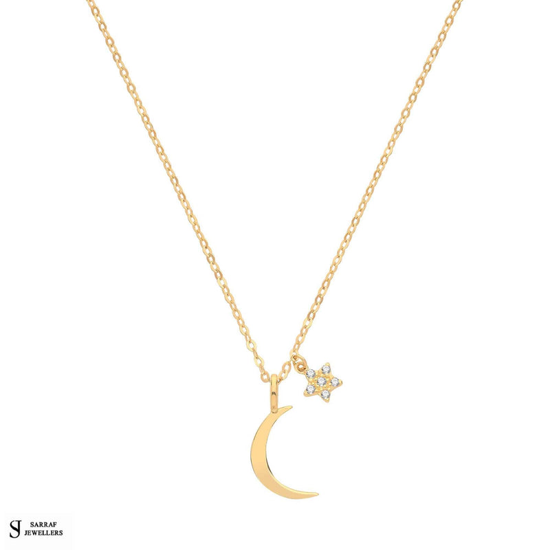 9ct Yellow Gold Moon and CZ Star Necklet, Gold Chain Necklace for Ladies - Sarraf Jewellers