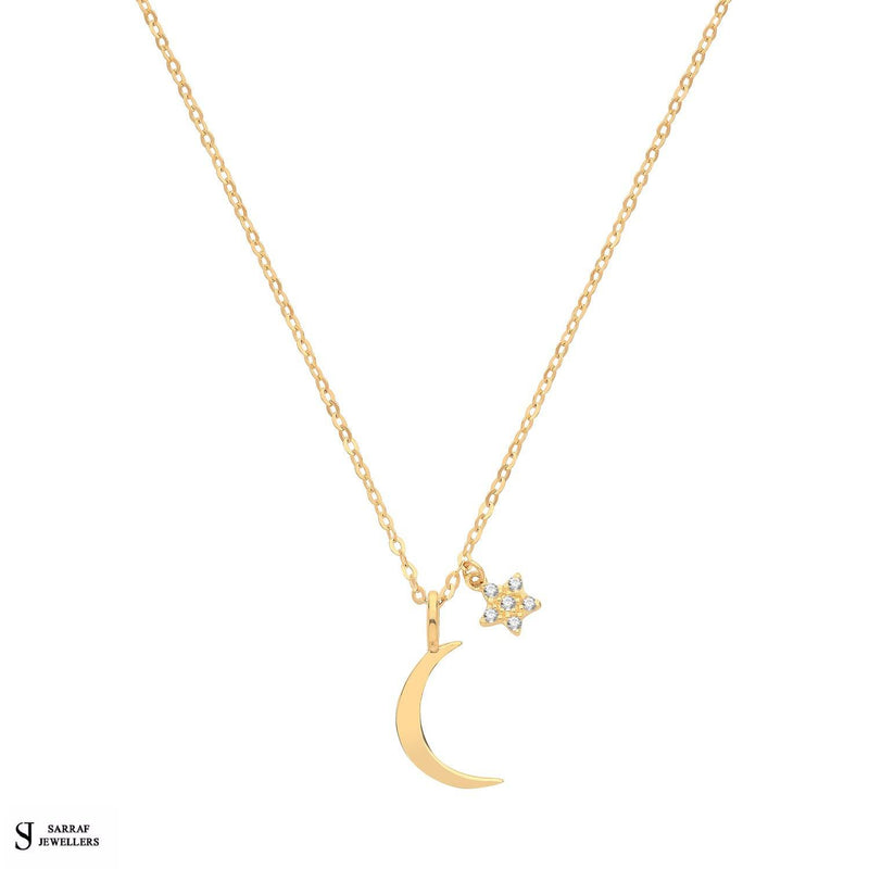 9ct Yellow Gold Moon and CZ Star Necklet, Gold Chain Necklace for Ladies - Sarraf Jewellers