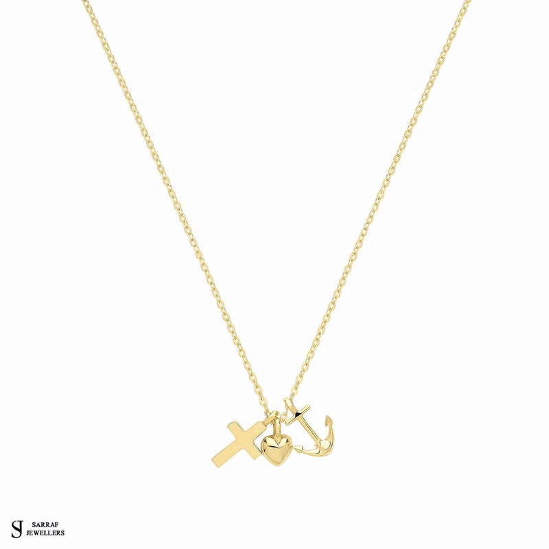 9ct Yellow Gold Cross Heart Anchor Necklet, Gold Chain Necklace for Ladies - Sarraf Jewellers