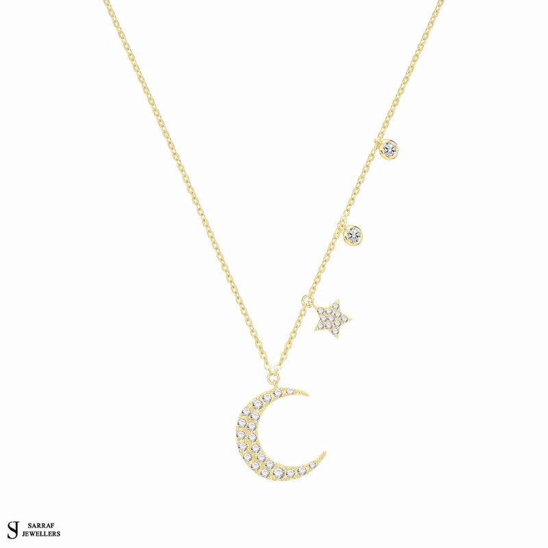 9ct Yellow Gold CZ Moon and Star Necklet, Gold Chain Necklace for Ladies - Sarraf Jewellers