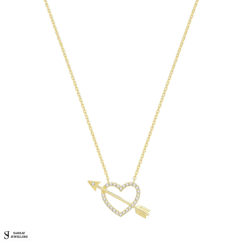9ct Yellow Gold CZ Heart and Arrow Necklet, Gold Chain Necklace Heart Shaped for Ladies - Sarraf Jewellers