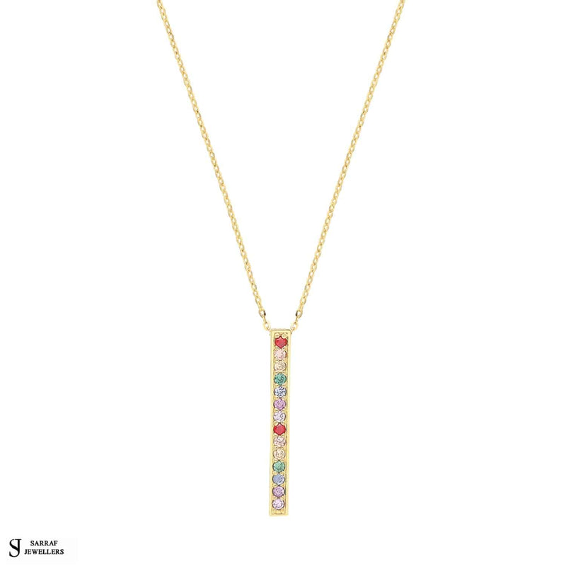 9ct Yellow Gold CZ Rainbow Bar Charm Necklet, Gold Chain Necklace Rainbow Shaped for Ladies - Sarraf Jewellers