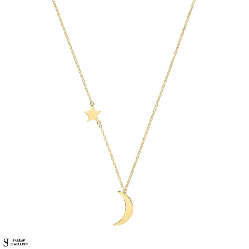 9ct Yellow Gold Moon and Star Necklet, Gold Chain Necklace for Ladies - Sarraf Jewellers
