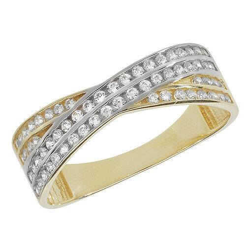 Ladies Gold Cross Over Ring, 9k Yellow Gold Hallmarked Ladies Cubic Zirconia CZ Ring, Gifts for Her - Sarraf Jewellers